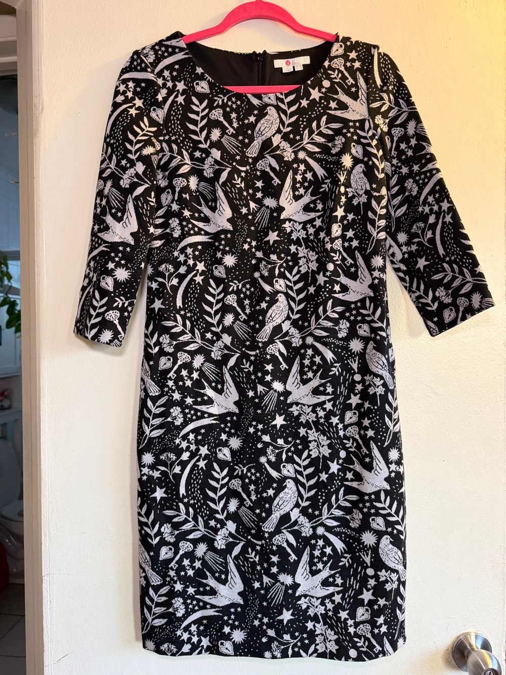 Boden Black and White Bird Print Midi Dress